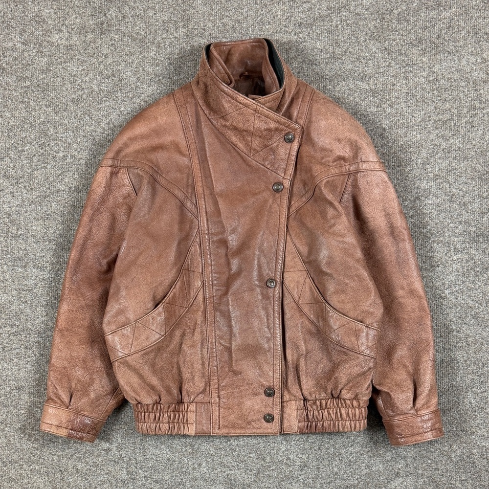 VTG Wilsons Adventure Bound Light Brown Leather Bomber Jacket Mens M Funnel Neck - Picture 3 of 12